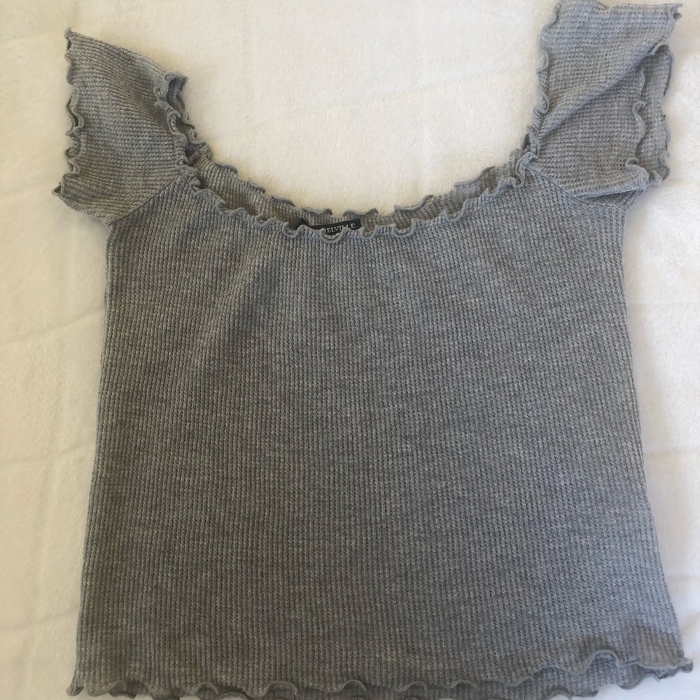 grey off the shoulders brandy top